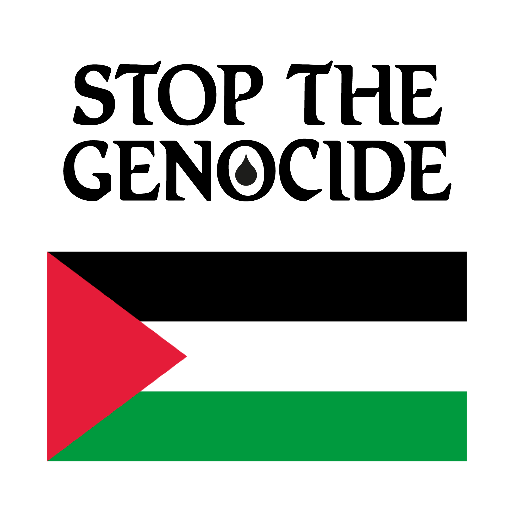 Open-source designs 'Stop Genocide' by Atelier Brenda displaying Palestinian flag and the text Stop the genocide